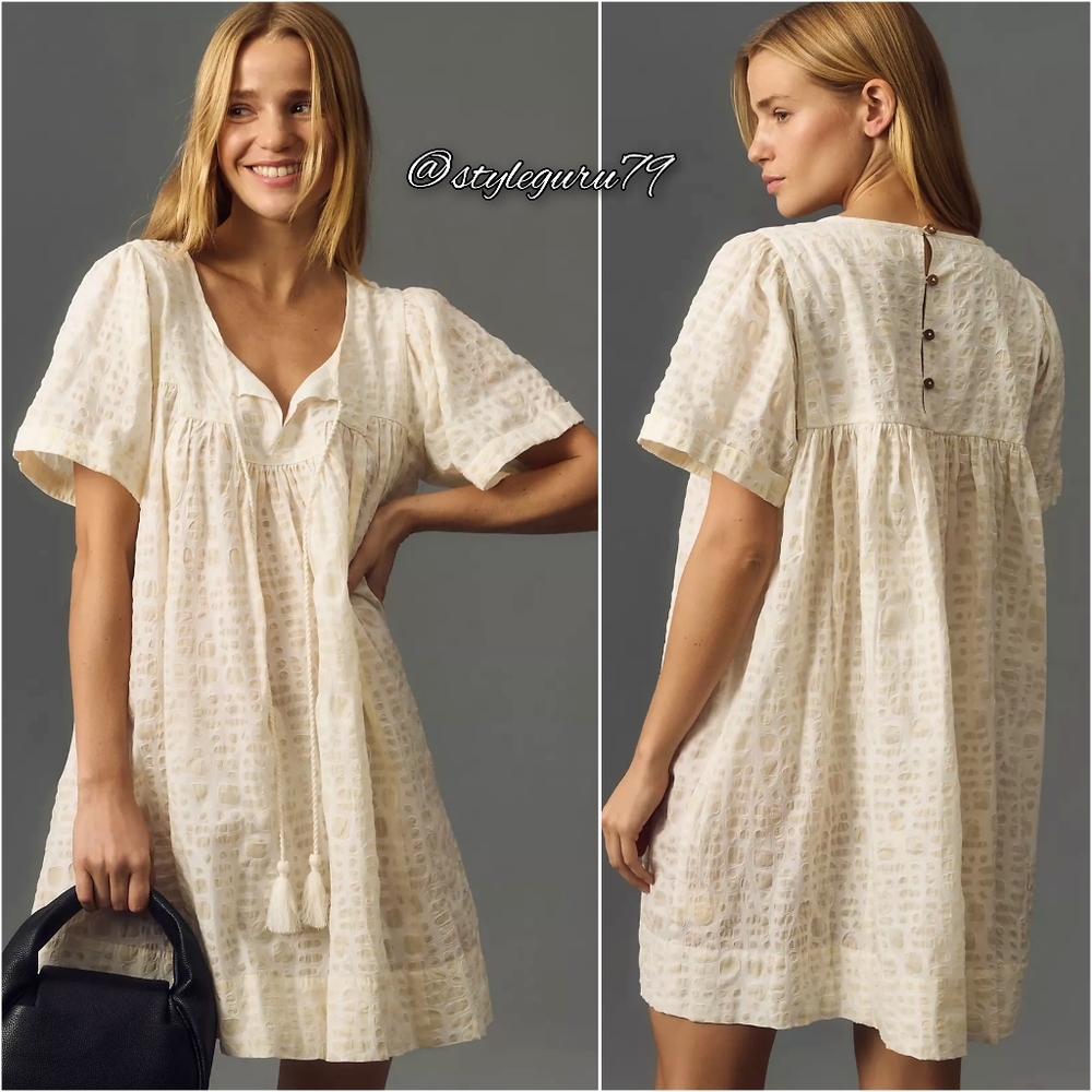 NWT, Anthropologie, Porridge Short-Sleeve Textured Mini Dress In Cream/Ivory